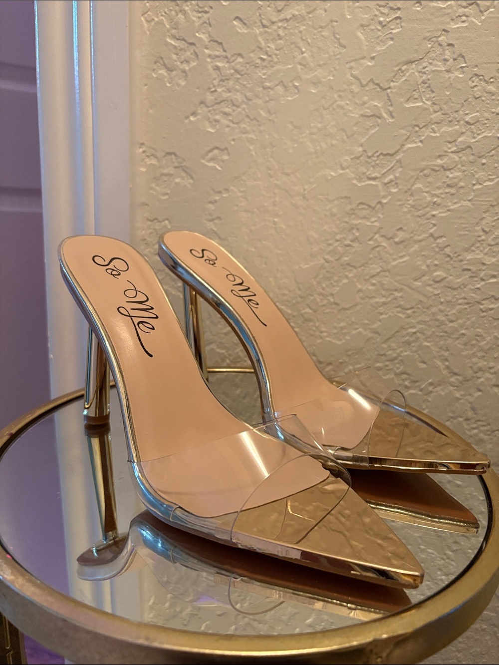 So Me Nude and Clear Pointed Stiletto Mules with Gold Heel